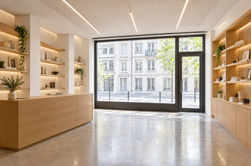 Rez commercial aménagé : béton ciré, plafond acoustique, vitrine neuve, agencement en chêne