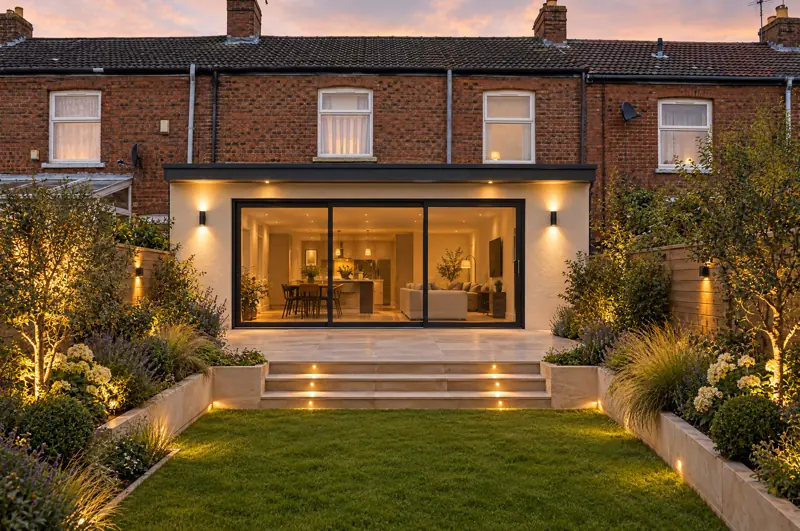Extension contemporaine avec grandes baies vitrées, terrasse en pierre et jardin aménagé