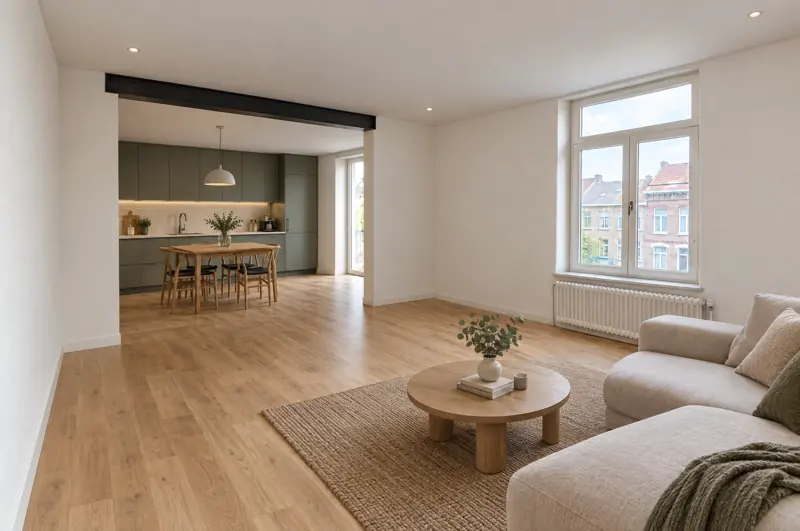 Séjour ouvert après travaux : mur porteur ouvert avec poutre acier, parquet chêne, cuisine îlot