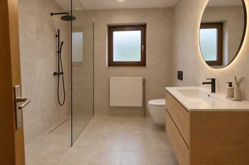 Salle de bain rénovée : douche à l'italienne, grands carreaux effet marbre, meuble en chêne