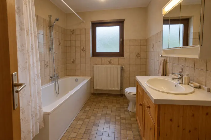 Salle de bain des années 90 avant rénovation : petits carreaux beiges, baignoire, meuble en pin